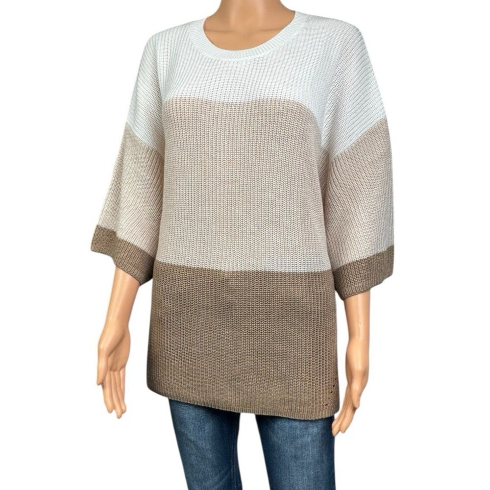 Matty M Womens Sweater XXL Knitted Taupe & White Elbow Sleeves Pullover Brown